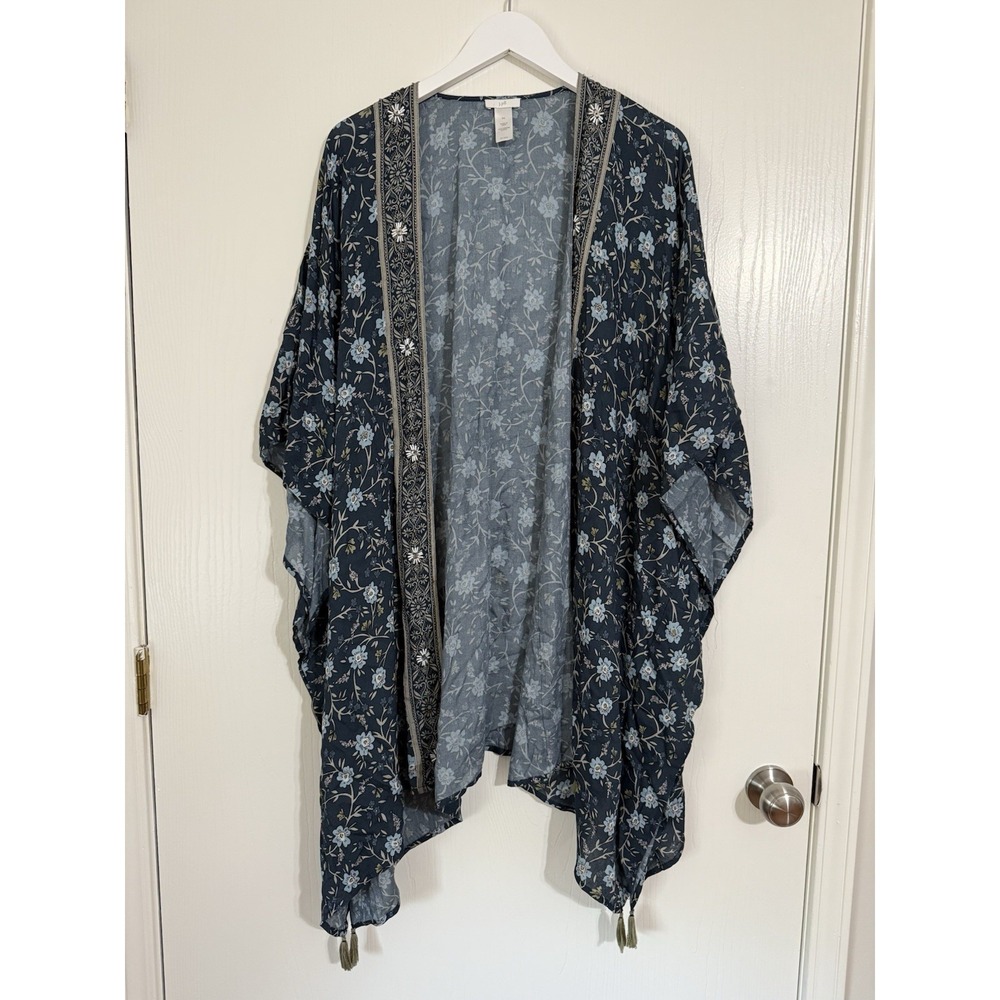 J Jill Floral Beaded Boho Blue Kimono S-L Open Front with Tassels Lightweight